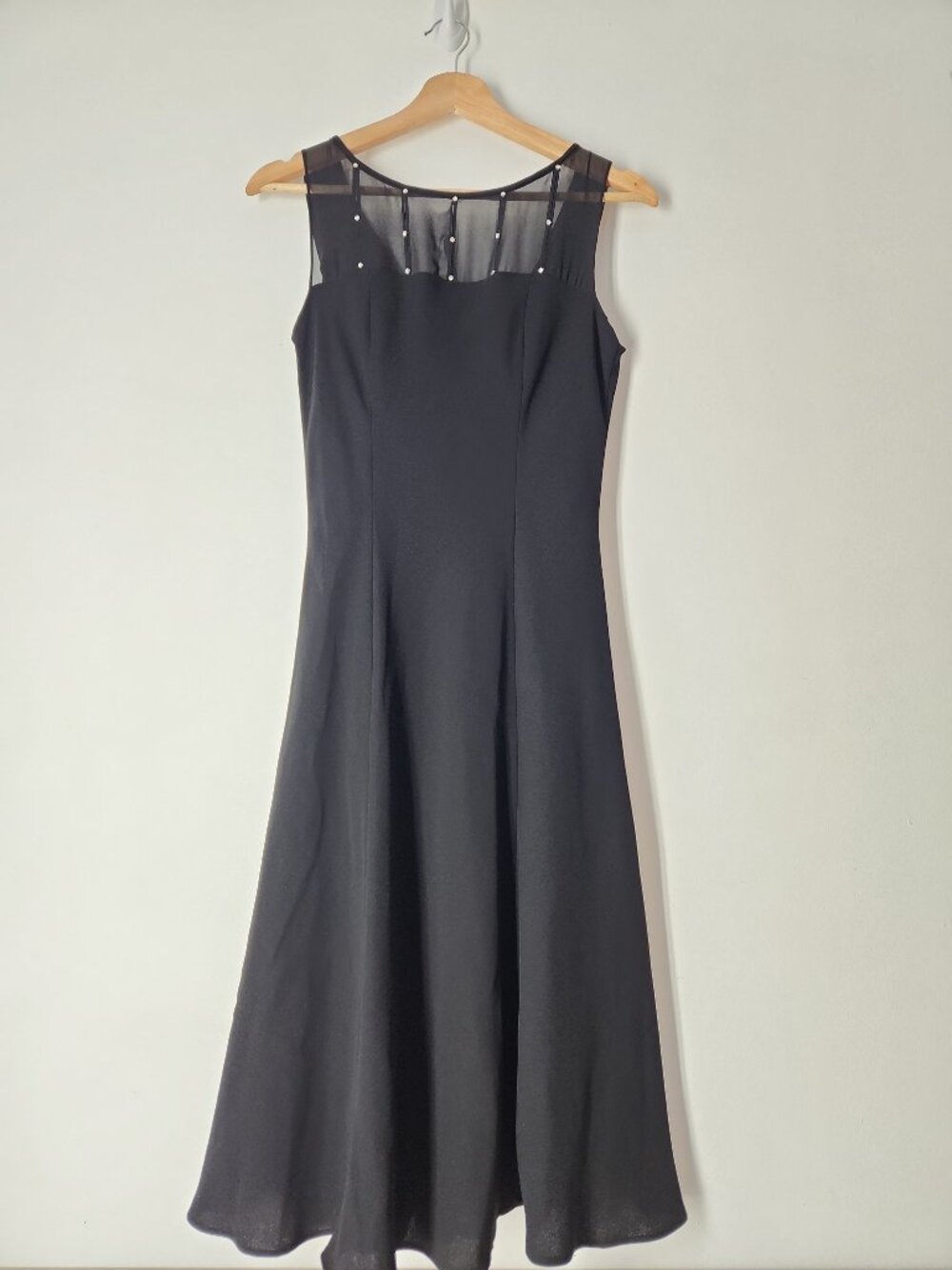 NWT Evan-Picone black sleeveless midi dress drape back illusion mesh neckline 4